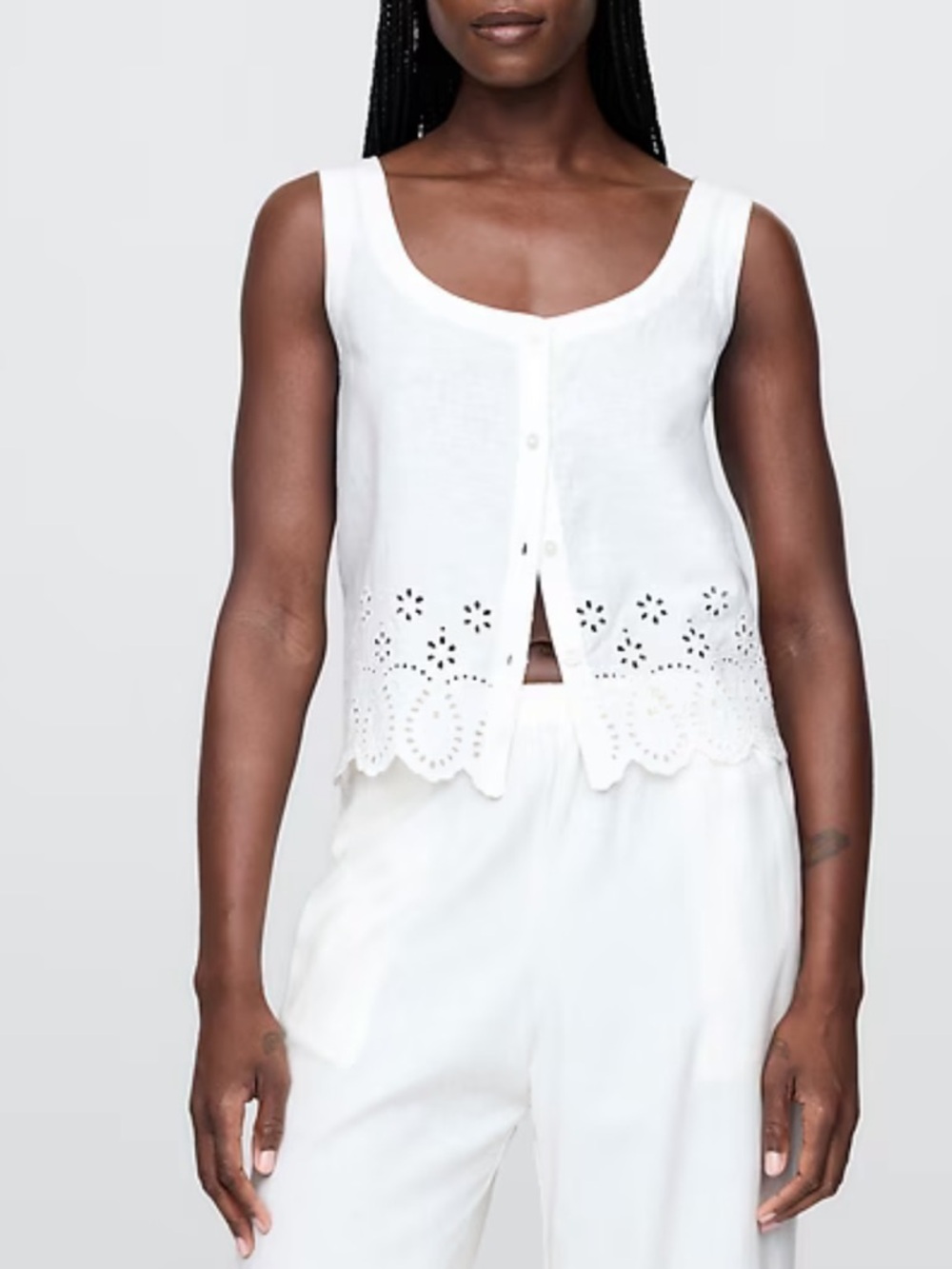 New GAP Sleeveless Off White Eyelet Linen Hem Tank Top